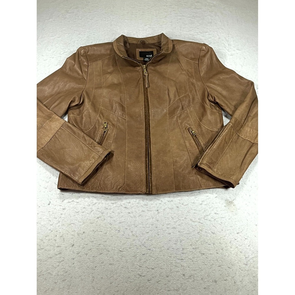 a.n.a Genuine Leather Moto Jacket Womens Large Brown Lined Stand Collar Full Zip